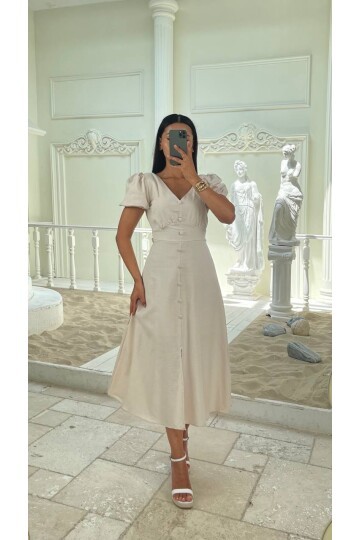 3773-BEJ KAYIK YAKA DÜĞMELİ KETEN ELBİSE