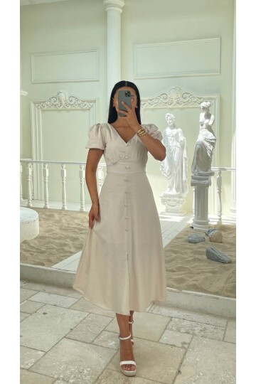 3773-BEJ KAYIK YAKA DÜĞMELİ KETEN ELBİSE