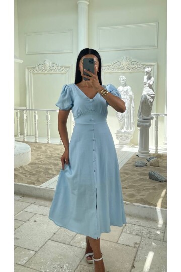 3773-MAVİ KAYIK YAKA DÜĞMELİ KETEN ELBİSE
