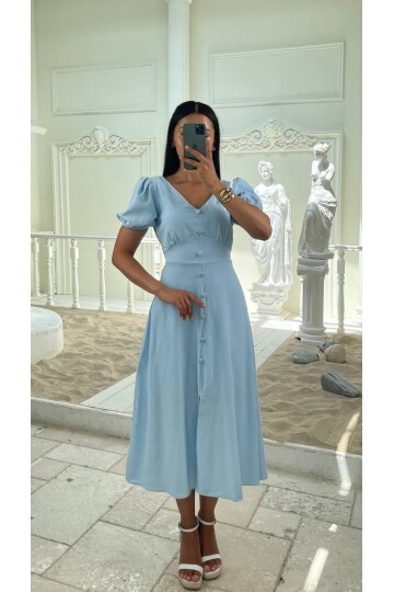3773-MAVİ KAYIK YAKA DÜĞMELİ KETEN ELBİSE