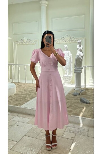 3773-PEMBE KAYIK YAKA DÜĞMELİ KETEN ELBİSE