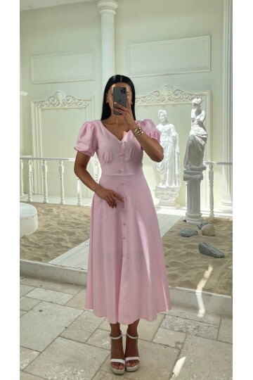 3773-PEMBE KAYIK YAKA DÜĞMELİ KETEN ELBİSE