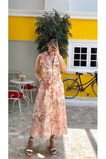 3774 ÇİÇEK DESEN YAKALI KETEN ELBİSE