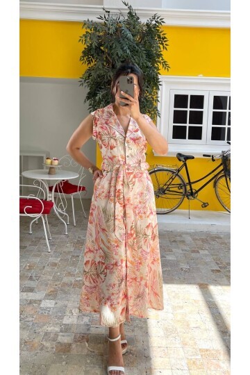 3774 ÇİÇEK DESEN YAKALI KETEN ELBİSE