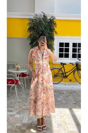 3774 ÇİÇEK DESEN YAKALI KETEN ELBİSE