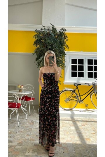 3775-SİYAH DRAPELİ ELBİSE