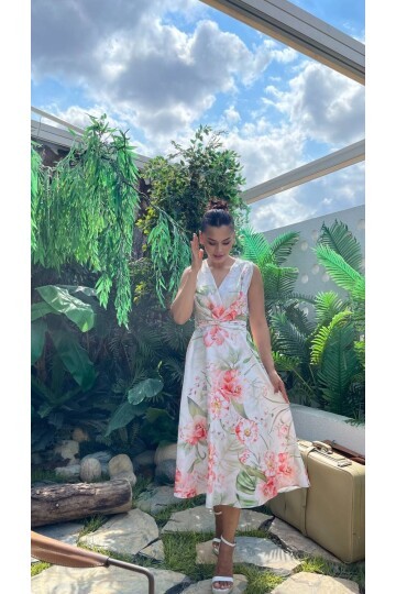 3776-YEŞİL ÇİÇEKLİ KRUVAZE ELBİSE