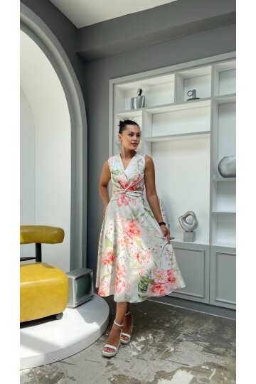 3776-YEŞİL ÇİÇEKLİ KRUVAZE ELBİSE