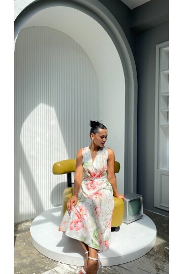 3776-YEŞİL ÇİÇEKLİ KRUVAZE ELBİSE