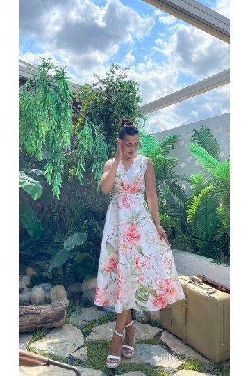 3776-YEŞİL ÇİÇEKLİ KRUVAZE ELBİSE