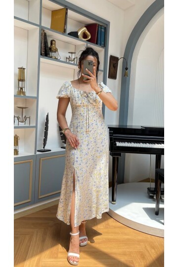 3777-SARI ÇİÇEK DESEN BONCUKLU ELBİSE