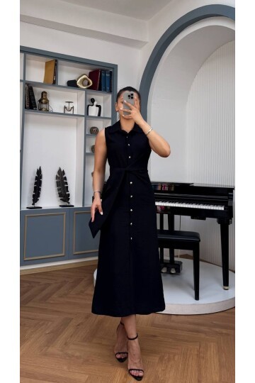 3789-SİYAH KETEN GOLD DÜĞMELİ ELBİSE