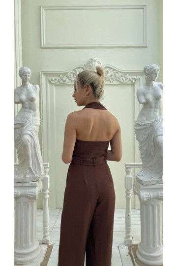 3782-KAHVERENGİ KETEN KUMAŞ DERİN V YAKA TULUM