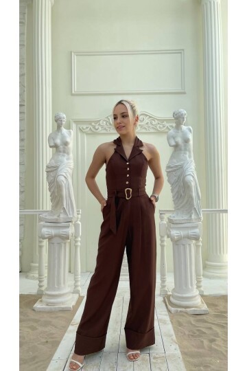 3782-KAHVERENGİ KETEN KUMAŞ DERİN V YAKA TULUM