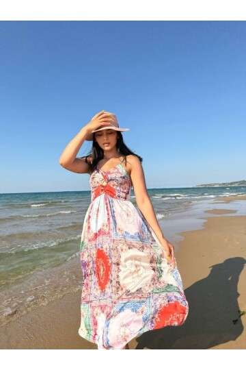 3784-PATCHWORK DESEN SATEN ELBİSE