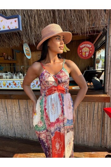 3784-PATCHWORK DESEN SATEN ELBİSE