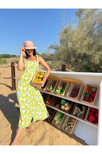 3785-LİMON DESEN SIFIR KOL KETEN ELBİSE