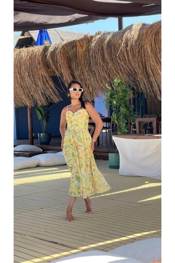 3786-SARI KETEN ÇİÇEKLİ DÜĞMELİ ELBİSE