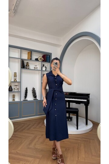 3789-LACİVERT KETEN GOLD DÜĞMELİ ELBİSE