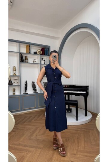 3789-LACİVERT KETEN GOLD DÜĞMELİ ELBİSE