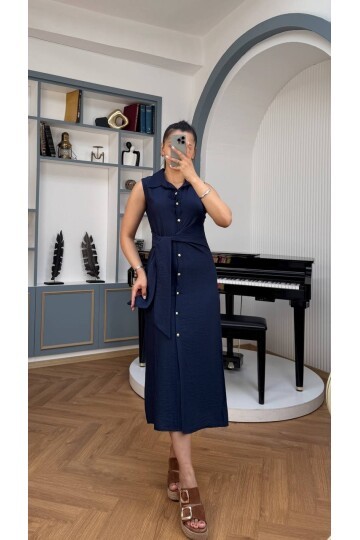 3789-LACİVERT KETEN GOLD DÜĞMELİ ELBİSE