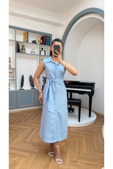 3789-MAVİ KETEN GOLD DÜĞMELİ ELBİSE