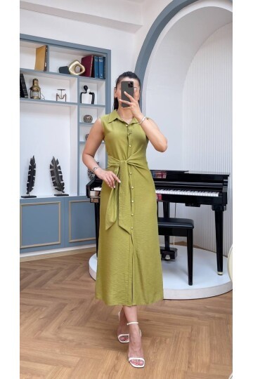 3789-OLİV KETEN GOLD DÜĞMELİ ELBİSE