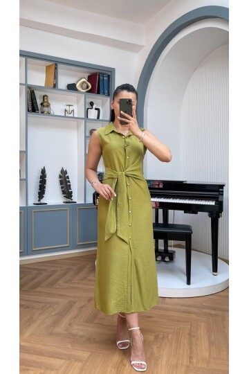 3789-OLİV KETEN GOLD DÜĞMELİ ELBİSE