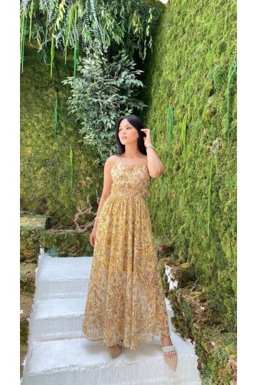 3790-SARI ÇİÇEK DESEN SIRTI AÇIK FIFIRLI ELBİSE