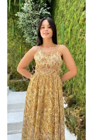 3790-SARI ÇİÇEK DESEN SIRTI AÇIK FIFIRLI ELBİSE