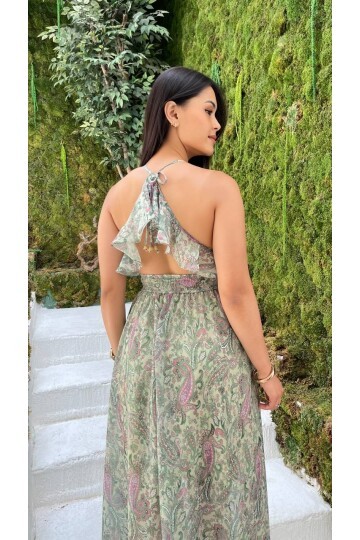 3790-SU YEŞİLİ ÇİÇEK DESEN SIRTI AÇIK FIFIRLI ELBİSE