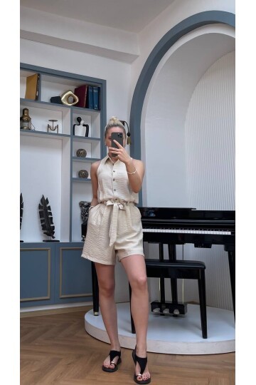 3791-BEJ DÜĞMELİ ŞORT TULUM