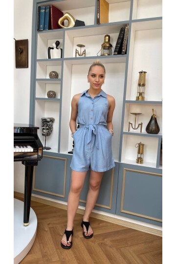 3791-MAVİ DÜĞMELİ ŞORT TULUM