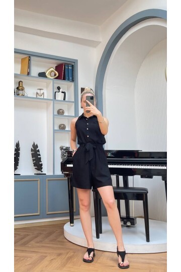 3791-SİYAH DÜĞMELİ ŞORT TULUM