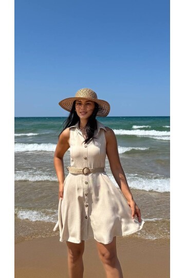 3793-BEJ HASIR KEMERLİ KISA ELBİSE