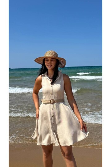 3793-BEJ HASIR KEMERLİ KISA ELBİSE