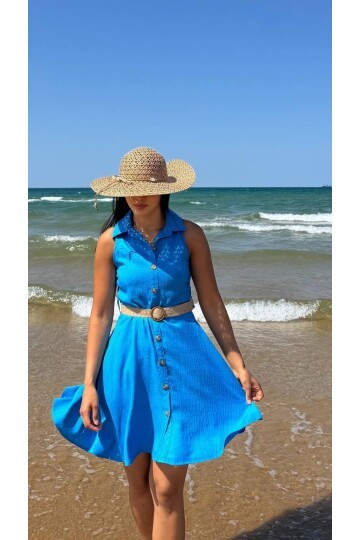 3793-MAVİ HASIR KEMERLİ KISA ELBİSE