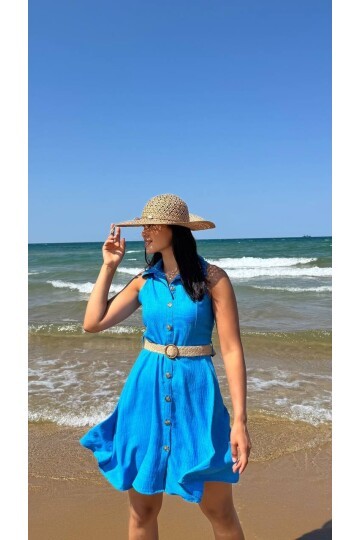 3793-MAVİ HASIR KEMERLİ KISA ELBİSE