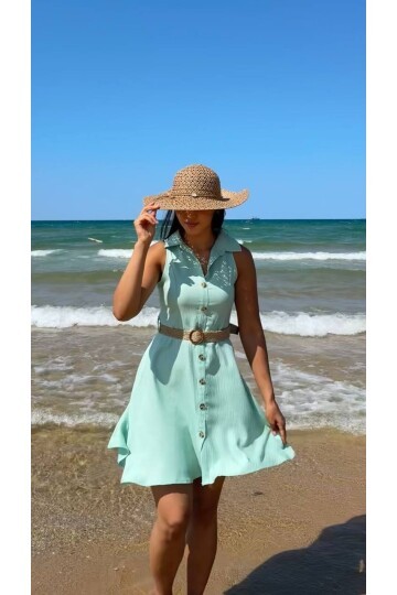 3793-SU YEŞİLİ HASIR KEMERLİ KISA ELBİSE