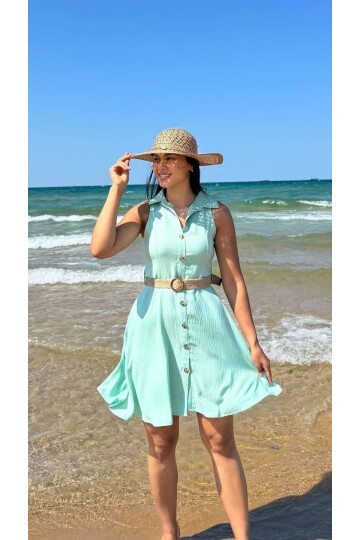 3793-SU YEŞİLİ HASIR KEMERLİ KISA ELBİSE