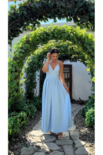 3795-MAVİ V YAKA TAŞ DETAY KİLOŞ ELBİSE