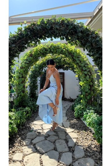 3795-MAVİ V YAKA TAŞ DETAY KİLOŞ ELBİSE