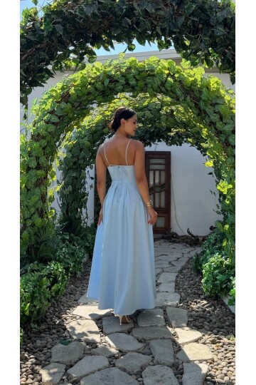 3795-MAVİ V YAKA TAŞ DETAY KİLOŞ ELBİSE