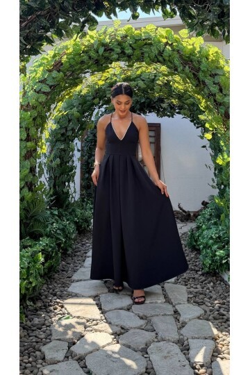 3795-SİYAH V YAKA TAŞ DETAY KİLOŞ ELBİSE