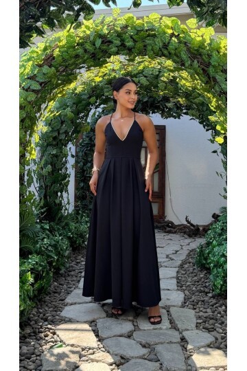 3795-SİYAH V YAKA TAŞ DETAY KİLOŞ ELBİSE