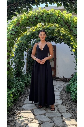 3795-SİYAH V YAKA TAŞ DETAY KİLOŞ ELBİSE