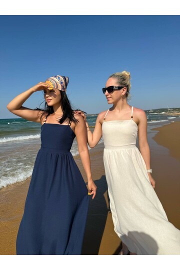 3796-BEJ ASKILI KARE YAKA KETEN ELBİSE