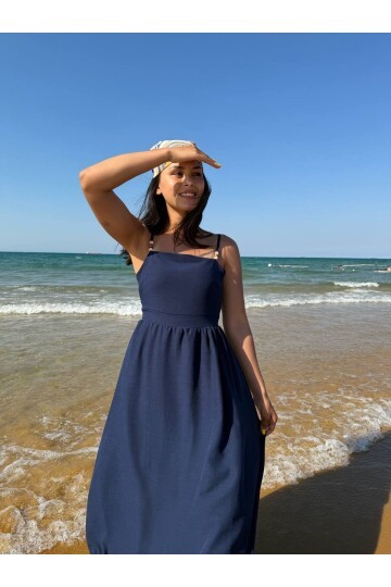 3796-LACİVERT ASKILI KARE YAKA KETEN ELBİSE