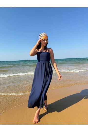 3796-LACİVERT ASKILI KARE YAKA KETEN ELBİSE