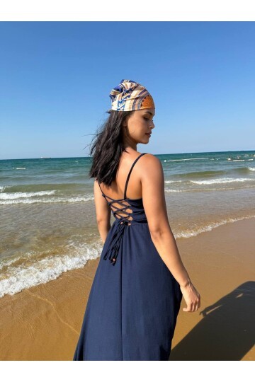 3796-LACİVERT ASKILI KARE YAKA KETEN ELBİSE